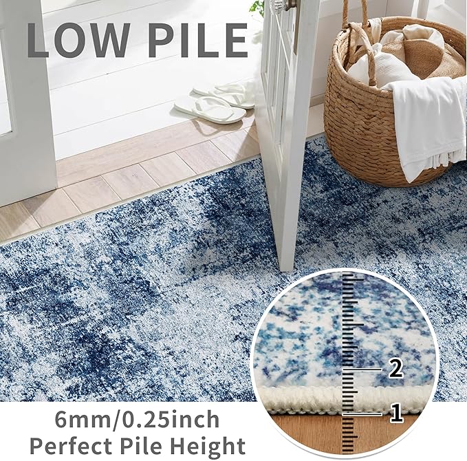 Hallway Runner Rug 2x8 Washable: Entryway Runners Rugs Non Slip Easy-to-Clean - Soft Living Room Bedroom Carpet - Thin Low Pile Printed Floor Mat for Dining Room Blue