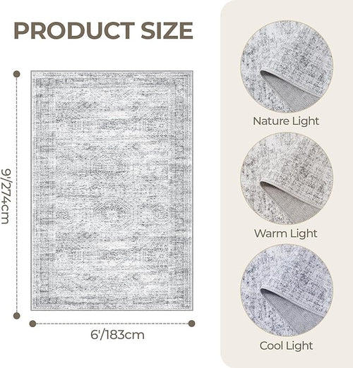 6x9 Rug for Living Room,Soft Low Pile Indoor Washable Rugs for Bedroom, Non-Slip Backing Vintage Large Area Rug, Printed Abstract Carpet(6'x9', Grey/Ivory)