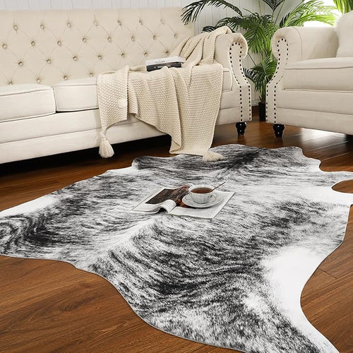AROGAN Western Decor Faux Fur Cowhide Rug, 6.2 x 5.2 Feet Premium Animal Skin Cow Hide Rug, Sturdy Cow Print Rugs for Wall Decor, Western Floor Carpet for Bedroom Living Room, Black and Grey