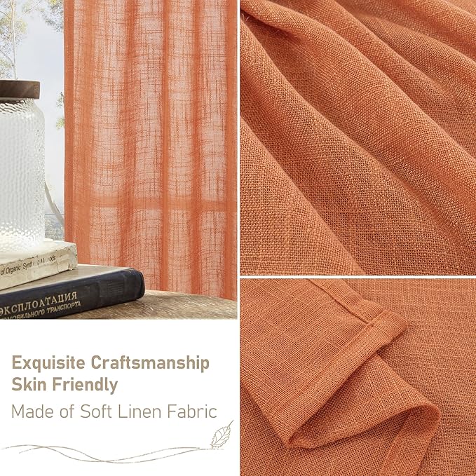 LAMIT 54 Inch Semi Sheer Window Linen Curtains, Light Filtering Panels Back Tab and Rod Pocket Country Decor Drapes for Bedroom/Farmhouse, Burnt Orange, 2 Panels, 34 x 54 Inch