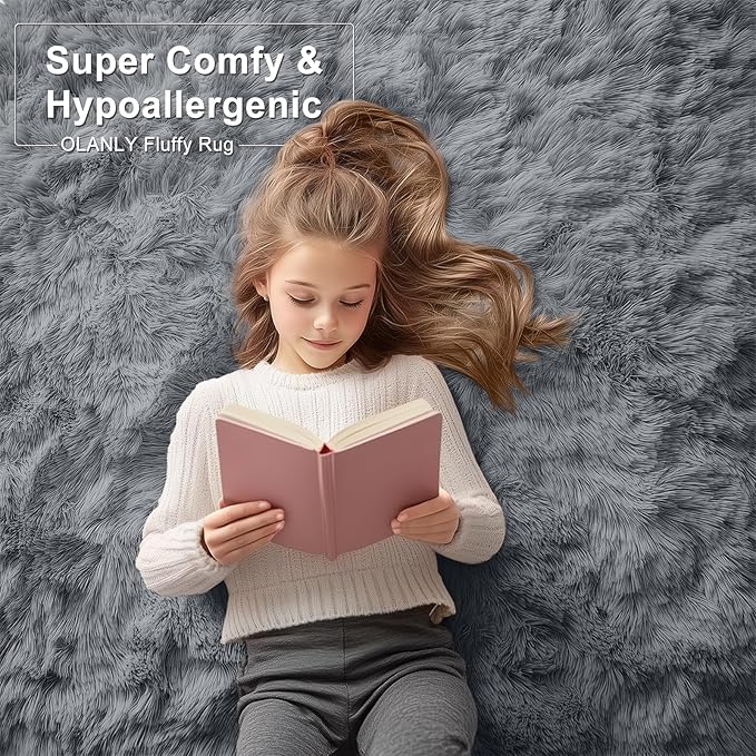 OLANLY 7x11 Machine Washable Large Area Rugs for Living Room, Bedroom, Soft Fluffy Shaggy Bedside Rug, Indoor Floor Carpet for Kids Girls and Boys, Dorms, Nursery, Home Decor Aesthetic, Grey