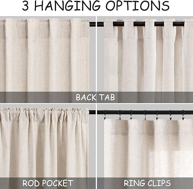 Nanspring Beige Linen Back Tab Curtains 96 Inches Long for Bedroom Light Filtering Privacy Sheer Curtains Modern Farmhouse Coastal Decor Linen Cotton Textured Gauze Curtain 2 Panel Set 70x96
