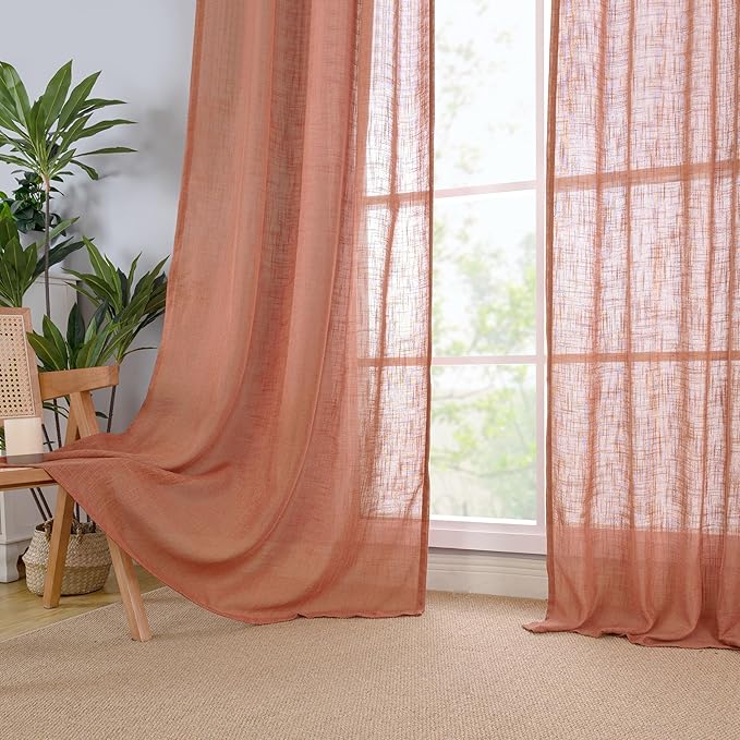 LAMIT Semi Sheer Linen Curtains for Living Room, Back Tab and Rod Pocket Terracotta Curtains Light Filtering Country Rustic Neutral Drapes for Bedroom/Farmhouse, 2 Panels, 52 x 102 Inch