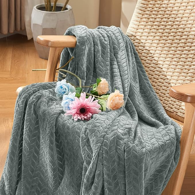 inhand Grey Fleece Queen Blanket for Bed, Super Soft Flannel Cozy Blankets for Adults, Lightweight Leaves Pattern Fuzzy Blanket for Office,Travel, Warm Plush Blankets for All Season, 90x90 Inches