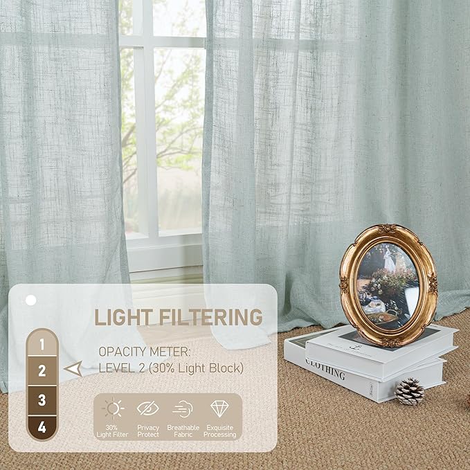 LAMIT Sheer Linen Curtains 63 inches Long for Bedroom, Back Tab and Rod Pocket Linen Drapes Light Filtering Semi Sheer Curtains for Small Window/Farmhouse, 2 Panels (38 x 63 Inch, Greyish Blue)