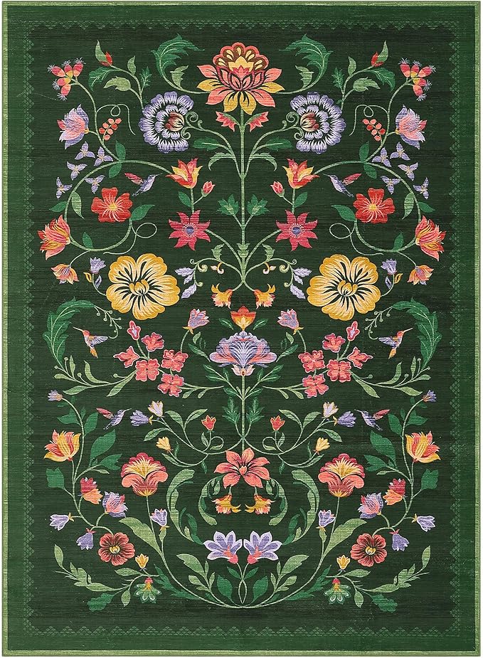Washable Rug 5x7 Area Rugs for Living Room, Protea Floral Rug for Bedroom, Soft Boho Non Slip Throw Rugs with Rubber Back, Low Pile Stain Resistant Vintage Floral Carpet for Dining Room, Forest Green