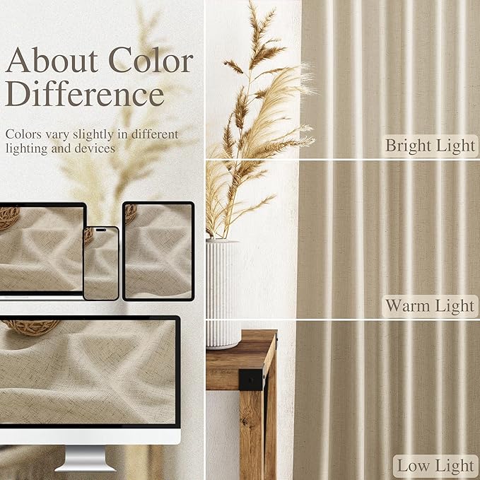 Nanspring Eggshell Beige Curtains 108 Inches Long for Living Room Linen Light Filtering Semi Sheer Curtain Back Tab Rustic Decor Neutral Floor to Ceiling High Window for Bedroom 52x108, 2 Panels