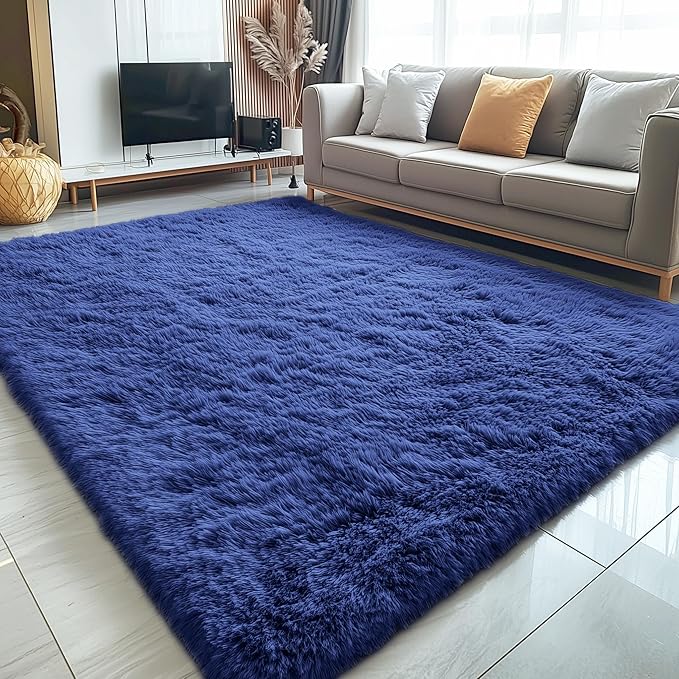 OLANLY 7x8 Machine Washable Large Area Rugs for Living Room, Bedroom, Soft Fluffy Shaggy Bedside Rug, Indoor Floor Carpet for Kids Girls and Boys, Dorms, Nursery, Home Decor Aesthetic, Navy Blue