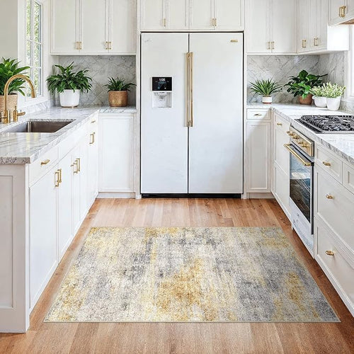 3x4 Washable Entryway Area Rug: Modern Abstract Small Runner Rug for Hallway Soft Non Slip Door Mat with Rubber Backing Low Pile Thin Floor Carpet for Kitchen Bathroom Bedroom Indoor 3x4 Grey/Yellow