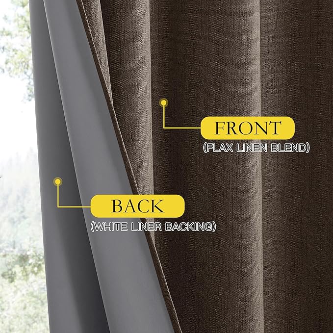 NICETOWN Coffee Vintage Linen 100% Blackout Curtains for Living Room, Thermal Insulated Curtains 90" Long, Noise Reducing Window Treatment Drapes for Home Office, 62" Wide Per Panel, Set of 2