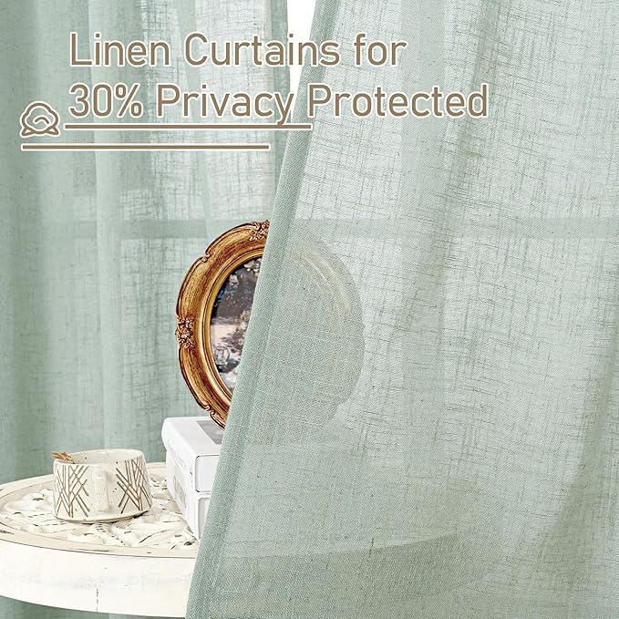 LAMIT Short Window Linen Curtains 36 Inch Length 2 Panels, Light Sage Light Filtering Panels Back Tab and Rod Pocket Neutral Drapes for Bathroom/Loft Room, 34 x 36 Inch