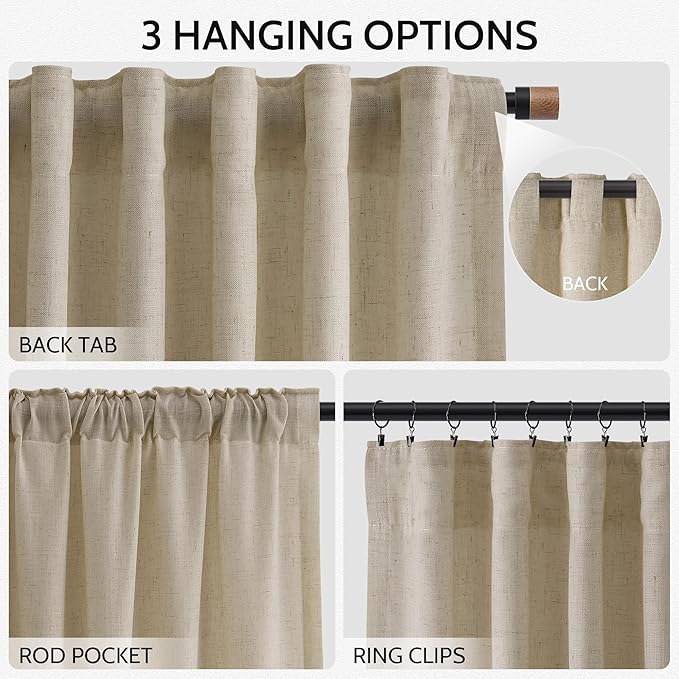 Nanspring Eggshell Beige Linen Curtains 96 Inches Long for Living Room Rustic Luxury Light Filtering Semi Sheer Curtain Back Tab Neutral Coastal Decor Drapes for Bedroom Office 52x96, 2 Panels