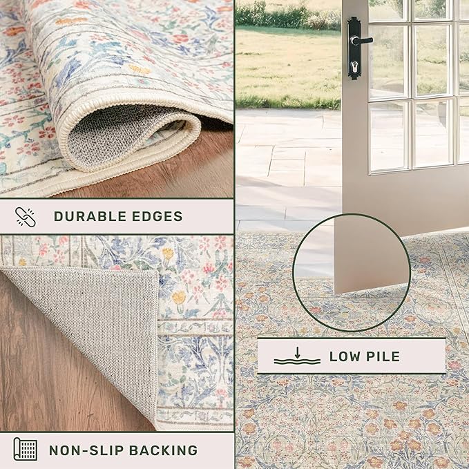 Hazo Haus Washable Beige Blue 2x10 Runner Rug for Hallway Kitchen Mudroom, Non-Slip Stain Resistant Extra Long Floor Mat 10 ft - Vintage Floral Aethestic Decor