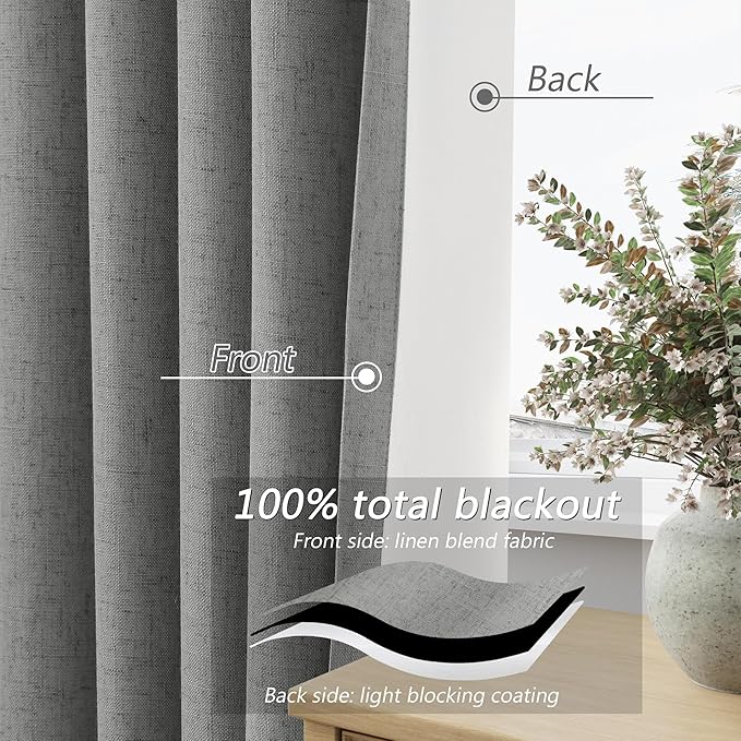 Guken Dark Grey 100% Blackout Linen Curtains 96 Inch Length 2 Panels Set for Living Room Bedroom Back Tab Rod Pocket Thermal Insulated Black Out Drapes Room Darkening Farmhouse Window Curtains,52x96