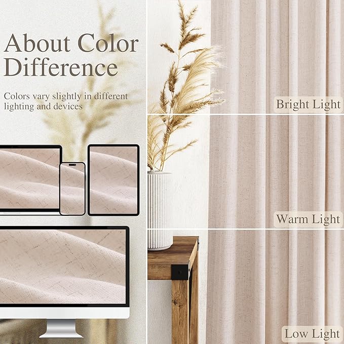 Nanspring Natural White Linen Curtains 90 Inches Long for Living Room Light Filtering Semi Sheer Neutral Farmhouse Decor Curtains Back Tab Privacy Burlap Textured Curtain for Bedroom 52x90, 2 Panels