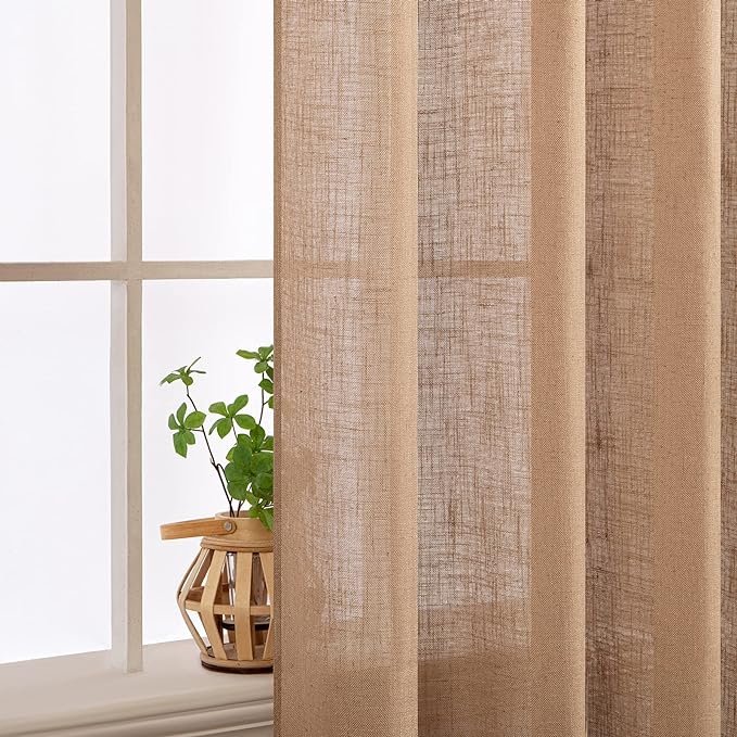 MIULEE Light Brown Linen Curtains 54 Inch Length 2 Panels for Bedroom Living Room, Soft Thick Linen Textured Natural Short Window Drapes Semi Sheer Light Filtering Back Tab Burlap Look Decor