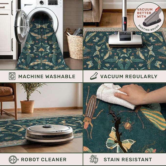 Hazo Haus Oriental Blue and Green Area Rugs for Living Room 6x9 - Insect & Butterfly Dining Table Rug, Bedroom Boys, Washable Non Skid Rubber Backed, Vintage Funky Home Décor