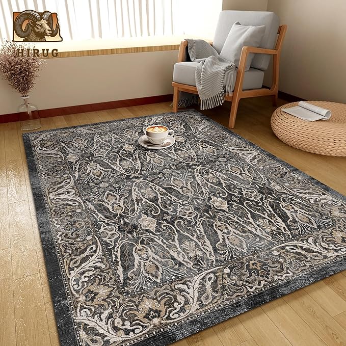 Washable Area Rug 9' x 12' Vintage Traditional Persian Mat - Foldable Distressed Non-Slip Machine Washable Carpet for Living Room Bedroom Kitchen Home Decor - Ebony and Taupe