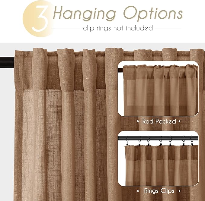 Brown Curtains for Living Room Back Tab Modern Farmhouse Semi Sheer Brown Curtains 63 inches Long 2 Panels Set Muted Neutral Window Curtain for Dining Room Bedroom 52x63