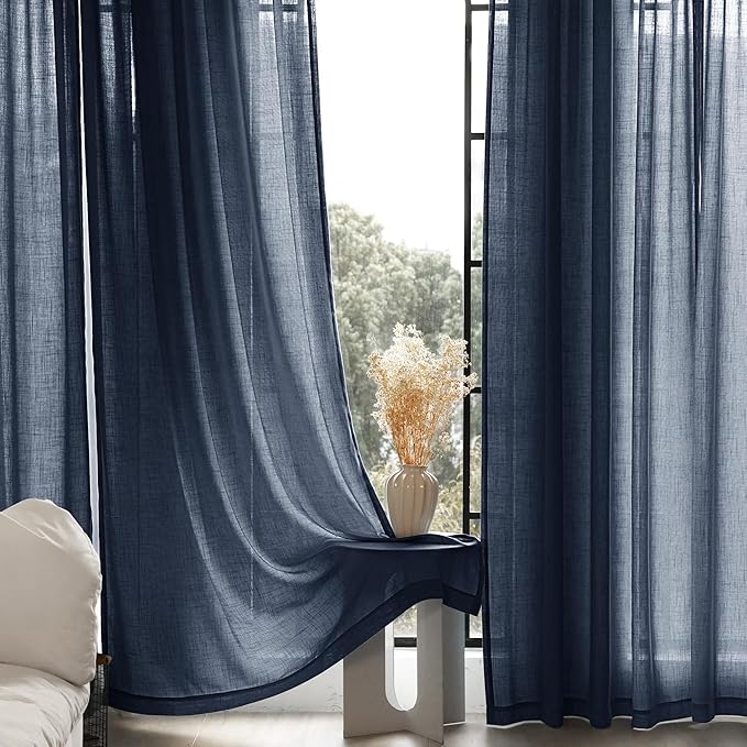 Navy Blue Curtains 120 inch Length for Bedroom Back Tab Light Filtering Semi Sheer Blue Living Room Curtains Linen Cotton Textured Indigo Blue Drapery Panel Modern Farmhouse Aesthetic Decor Dark Blue