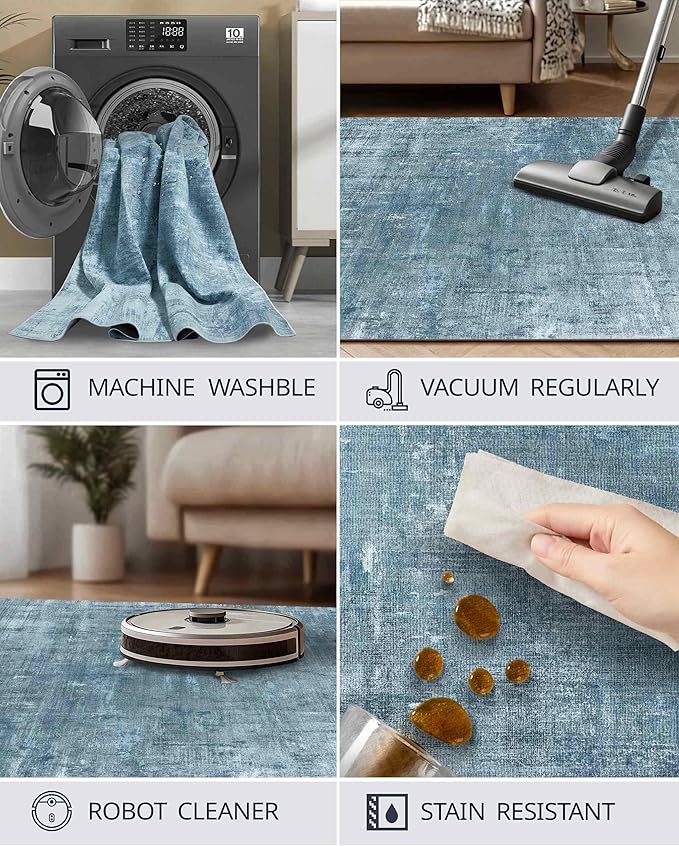 Latte&Fog 6x9 Area Rugs for Living Room Bedroom, Blue Modern Abstract Neutral Washable Rug, Boho Non Slip Low Pile Carpet for Dining Room, Dorm, Classroom, College Dorm, Farmhouse and Kids Room - Blue