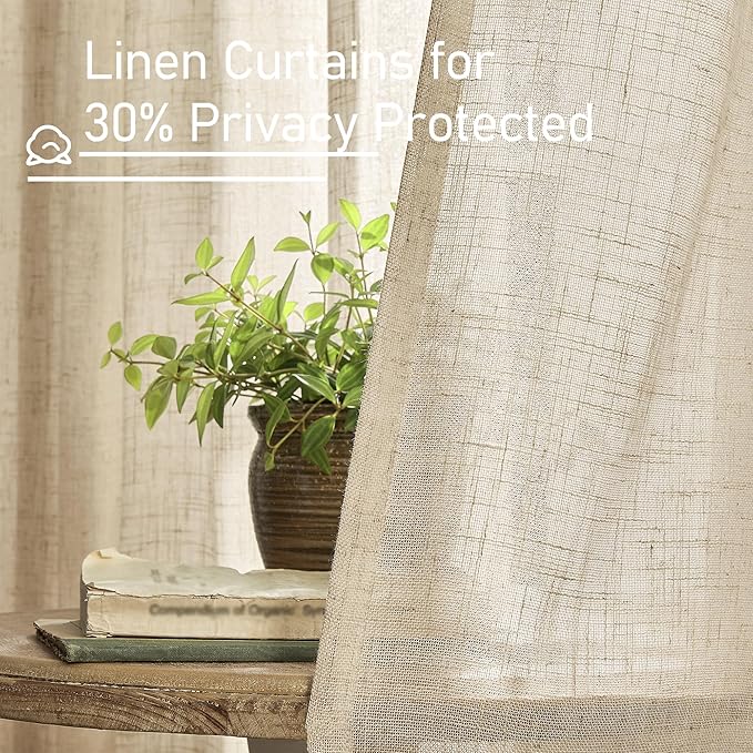 LAMIT Brown Linen Window Curtains 30 Inches Long 2 Panels, Semi Sheer Light Filtering Panels Back Tab and Rod Pocket Neutral Drapes for Basement/Small Windows, 34 x 30 Inch