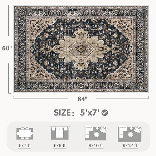 Area Rugs 5x7 Vintage Rug: Washable Living Room Rug Retro Medallion Distressed Large Soft Low Pile Non-Slip Indoor Floor Carpet for Bedroom Kitchen Nursery Dining Table Office (BeigeBlack, 5'x7')