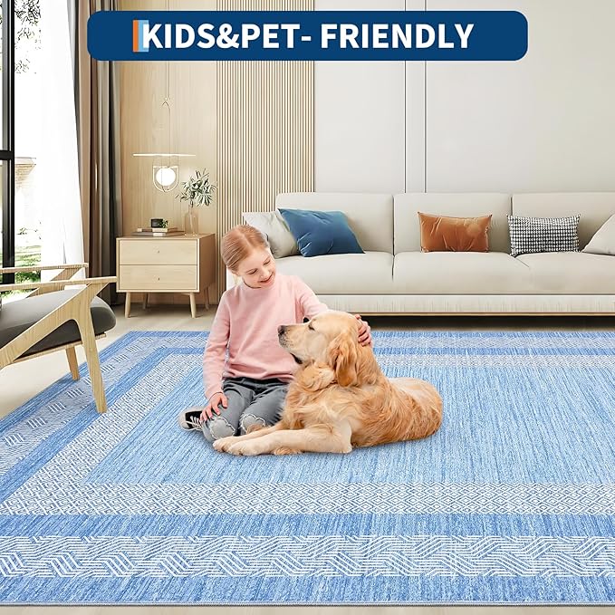 GarveeHome 2x6 Modern Bordered Runner Rug Soft Non Slip Washable Floor Carpet Distressed Geometric Hallway Indoor Printed Rug for Kitchen Entrance, Light Blue