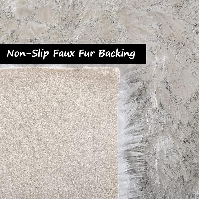 Goolela Sheepskin Area Rug 5x8 Fluffy Fuzzy Furry Rug for Bedroom Living Room Faux Fur Shaggy Plush Soft Washable Rectangle - White with Grey Tips