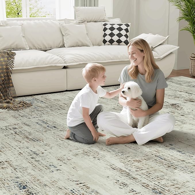 6x9 Area Rugs for Living Room Washable Rug: Anti-Skid Abstract Modern Living Room Rug Soft Thin Carpets Indoor Floor Non-Shedding Carpet for Bedroom Dining Farmhouse Nursery Gray White Blue