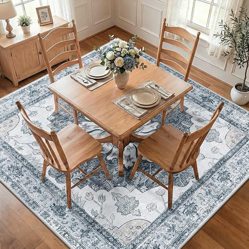 Area Rugs Square 8ft Washable Non-Slip, Floral Vintage Distress Print Pattern Medallion Carpet for Living Room Bedroom Dining Room, Light Gray Grey White