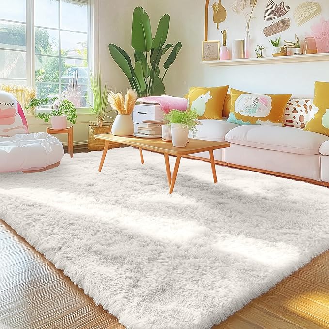 OLANLY 5x11 Machine Washable Large Area Rugs for Living Room, Bedroom, Soft Fluffy Shaggy Bedside Rug, Indoor Floor Carpet for Kids Girls and Boys, Dorms, Nursery, Home Decor Aesthetic, Ivory