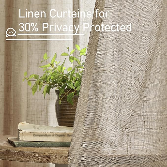LAMIT Semi Sheer Linen Curtains 45 Inches Long, Light Filtering Panels Back Tab and Rod Pocket Country Decor Drapes for Farmhouse/Window/Bedroom, Taupe, 2 Panels, 52 x 45 Inch