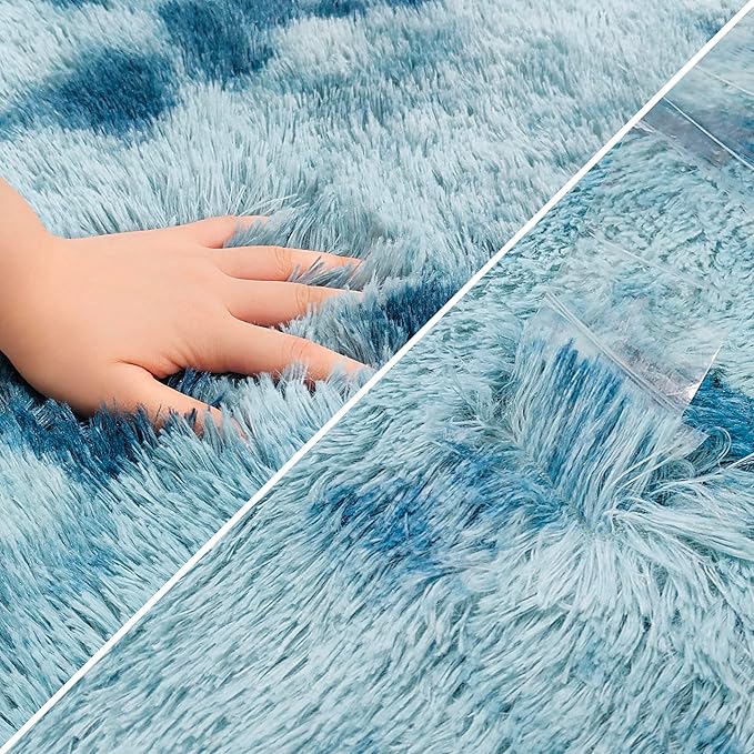 Super Soft Fluffy Living Room Area Rug 2x5 ft Tie-Dyed Light Blue Shaggy Furry Carpet Washable Non-Slip Floor Rugs Bedroom Bedside Nursery Rug Fuzzy Girls Boy Dorm Home Decor Aesthetic