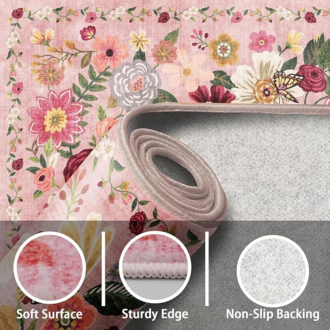 Pink Area Rugs 10x14 Living Room, Non Slip Machine Washable Floral Rugs, Low Pile Lightweight Large Rug for Bedroom, Dining Room, Home Office(10 x 14, Pink Garden)
