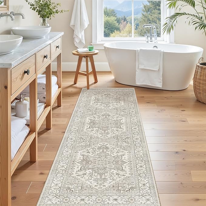Madane Washable Runner Rug - 2x6 Rug Runners for Hallways 6 Foot Non Slip Vintage Kitchen Runner Rug Ultra-Thin Bathroom Runner Rugs Carpet Laundry Room Bedroom (2x6ft, Beige/Brown)
