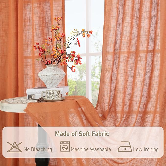 LAMIT Burnt Orange Linen Curtains 90 Inch for Living Room, Back Tab and Rod Pocket Linen Textured Farmhouse Curtains Light Filtering Drapes for Bedroom/Dining Room, Set of 2, 52 x 90 Inch