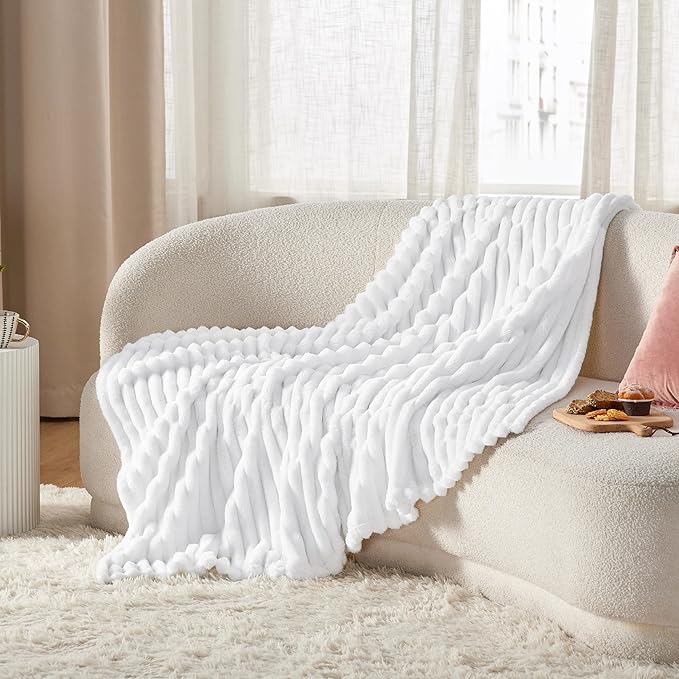 Bedsure GentleSoft White Fleece Blanket for Couch - Cozy Soft Blankets for Women, Cute Small Throws for Girls, Bright White, 50x70 Inches
