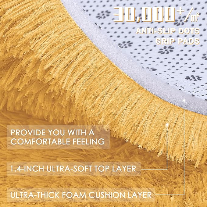 OLANLY Mustard Yellow Round Rugs for Bedroom - Machine Washable, 3 ft Circle Area Rugs for Living Room, Soft and Fluffy Shaggy Carpet for Teen Girl and Boys, Nursery Rooms, Dorms, Home Decor Aesthetic