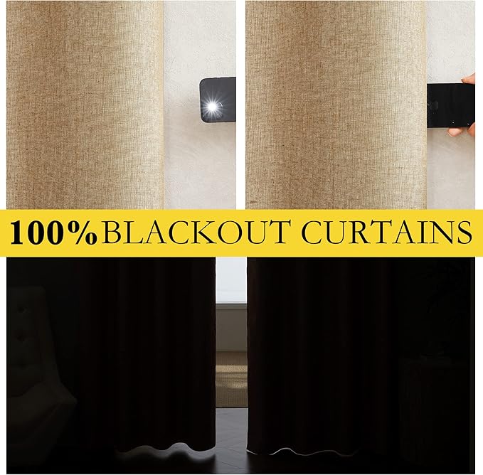 NICETOWN 100% Absolutely Blackout Linen Curtains with Thermal Insulated White Liner, Camel, W52 x L84, 2 Panels, Long Curtains 84 inch Length for Patio Door, Doorway, Office, Overnight Shiftworker