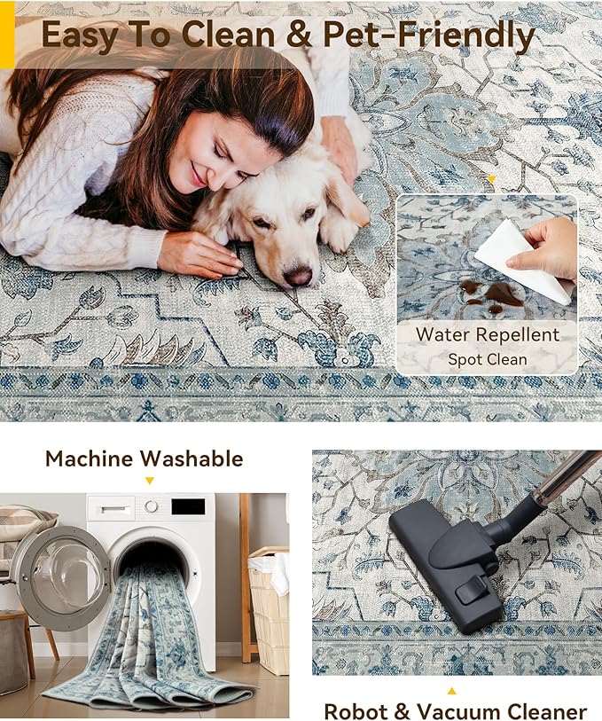 Area Rugs 2'x10' Washable Non-Slip, Floral Vintage Distress Print Pattern Medallion Carpet for Living Room Bedroom Dining Room, Light Blue Navy Beige Gray White