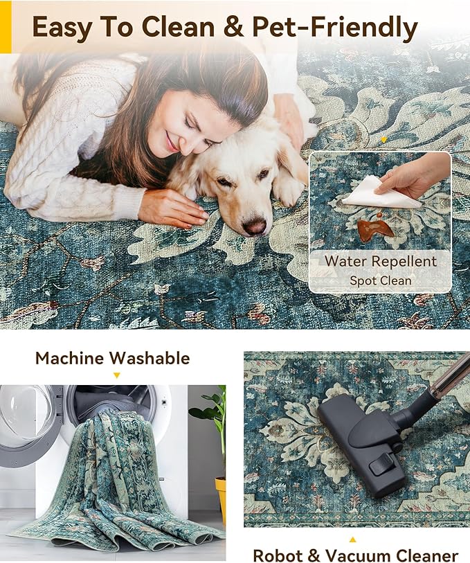 RELEANY Area Rugs 3'x9' Runner Rug Non Slip Washable for Kitchen Hallway Bedroom Beside Laundry Room Bathroom Rug, Floor Carpet, Dark Blue Vintage