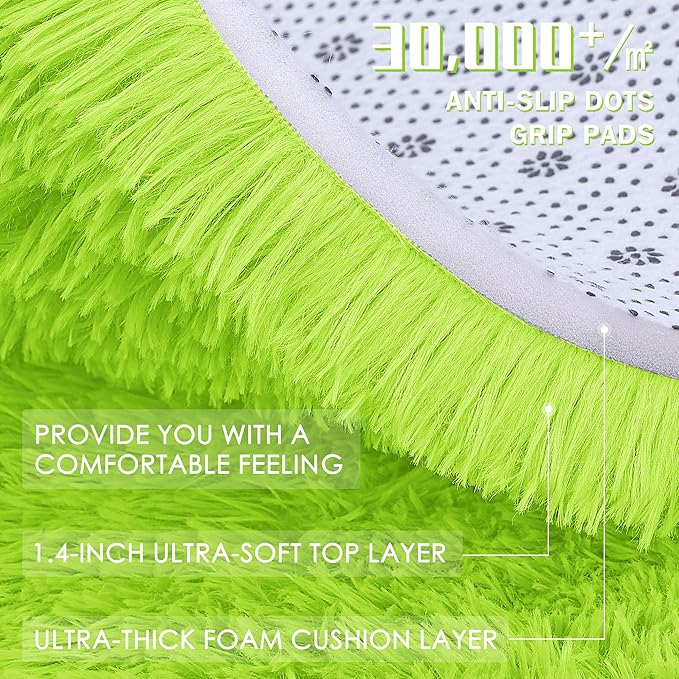 OLANLY Lime Green Round Rugs for Bedroom - Machine Washable, 5 ft Circle Area Rugs for Living Room, Soft and Fluffy Shaggy Carpet for Teen Girl and Boys, Nursery Rooms, Dorms, Home Decor Aesthetic