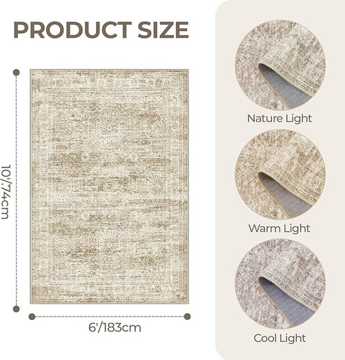 6x9 Rug for Living Room,Soft Low Pile Indoor Washable Rugs for Bedroom, Non-Slip Backing Vintage Large Area Rug, Printed Abstract Carpet(6'x9', Brown/Ivory)