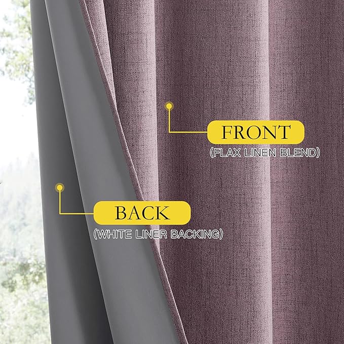 NICETOWN Chaise Mauve Vintage Linen 100% Blackout Curtains for Living Room, Thermal Insulated Curtains 84" Long, Noise Reducing Window Treatment Drapes for Dining Room, 62" Wide Per Panel, Set of 2