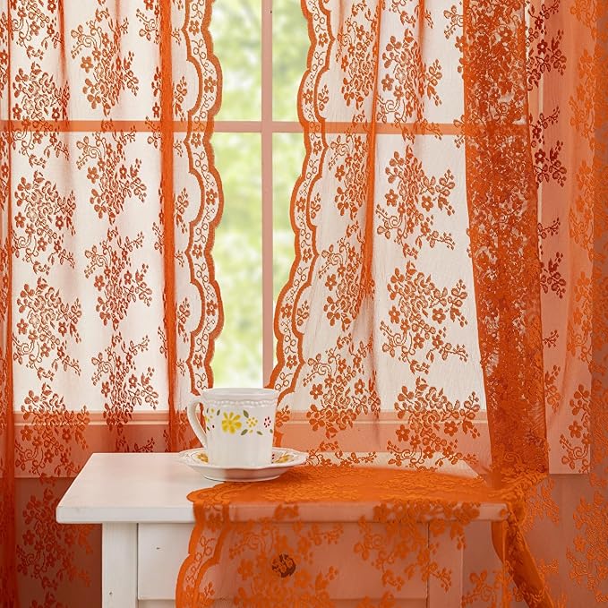 YJ YANJUN Vintage Lace Curtains 63 Inch Length Burnt Orange Sheer Curtains for Living Room Bedroom 2 Panels Rod Pocket Farmhouse Terracotta Drapes for Kitchen Nursery Halloween Fall Decor 52x63 Inch
