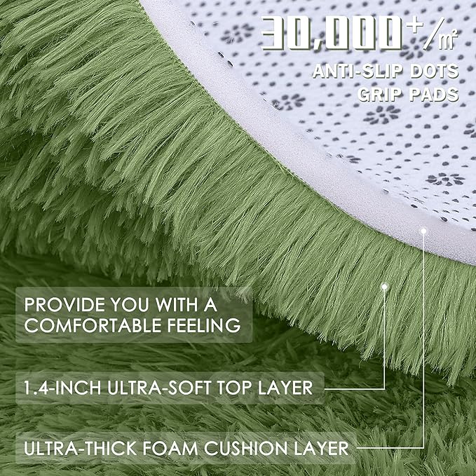 OLANLY Green Round Rugs for Bedroom - Machine Washable, 6 ft Circle Area Rugs for Living Room, Soft and Fluffy Shaggy Carpet for Teen Girl and Boys, Nursery Rooms, Dorms, Home Decor Aesthetic
