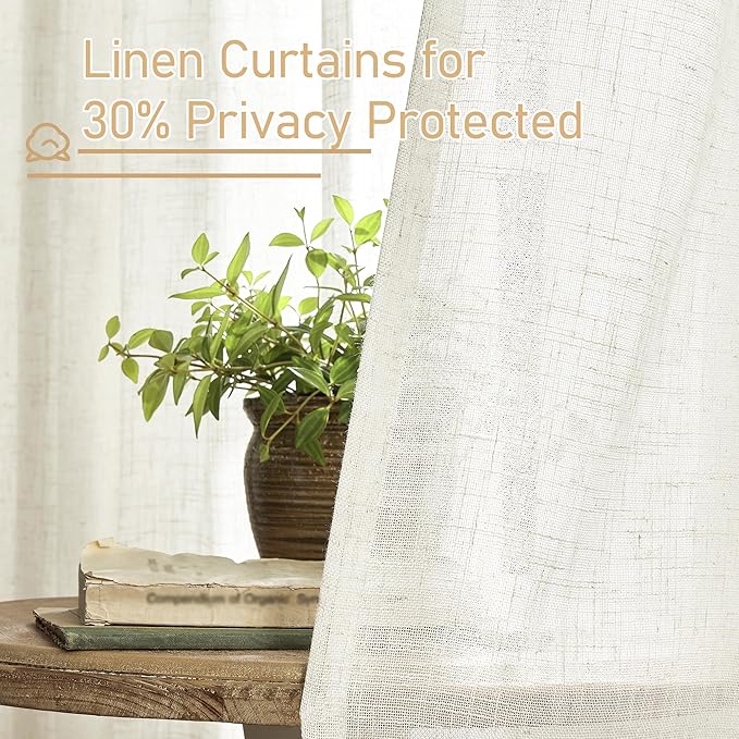 LAMIT Cream 80 inch Linen Curtains for Doorway, Light Filtering Semi Sheer Drapes Back Tab and Rod Pocket Neutral Panels for Bedroom/Living Room, 34 x 80 Inch, 2 Panels