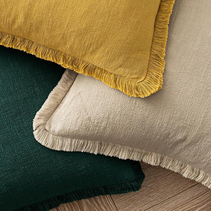 MIULEE Decorative Throw Pillow Covers Neutral Linen Fringe Throw Pillows Set of 2 Beige Boho Farmhouse Cushion Covers with Tassels for Couch Sofa Bed Living Room Spring Home Decor 20x20 Inch