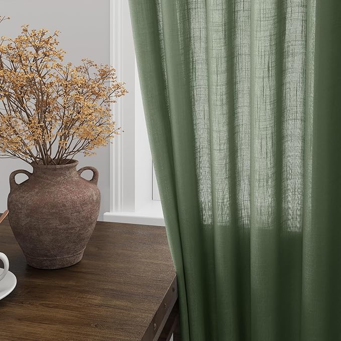 Nanspring Olive Green Linen Curtains for Living Room 2 Panels Set 100 Inch Length Back Tab Light Filtering Semi Sheer Curtain Drapes for Bedroom 52x100